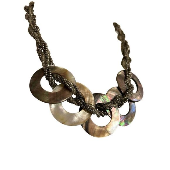 Abalone Shell Disk Braided Silver and Clear Beaded  Adjustable Length Necklace Y - Picture 3 of 8